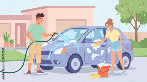 Happy young couple washing car in driveway, man and woman cleaning vehicle with hose and soap, summer outdoor car wash flat vector illustration