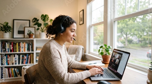 Young woman wearing a headset during a video conference on a laptop in a home office
