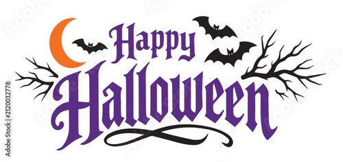 Happy Halloween Typography with Moon, Bats and Tree Branches on White Background