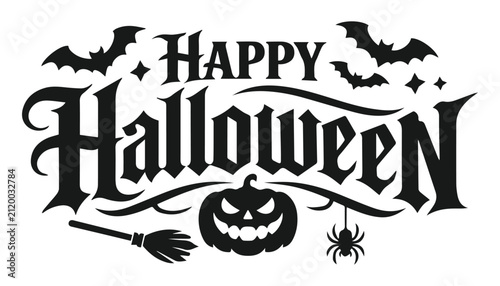 Happy Halloween Gothic Typography with Bats, Jack O Lantern, Spider, Broom and Cobweb Border Vector Design