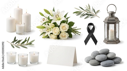 Funeral and memorial service elements with white flowers candles stones and black ribbon.