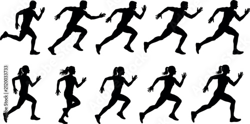 Running Man and Woman Silhouette Frame Sequence Set with Dynamic Athletic Sprinter Motion Loops for Sports Animation Fitness Graphic Designs Vector Illustration