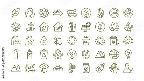Cuadro en lienzo A comprehensive set of green line art icons representing ecology sustainability