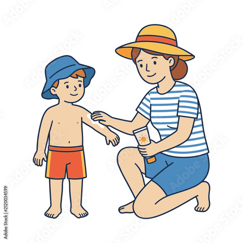 Mother applying sunscreen to child at the beach