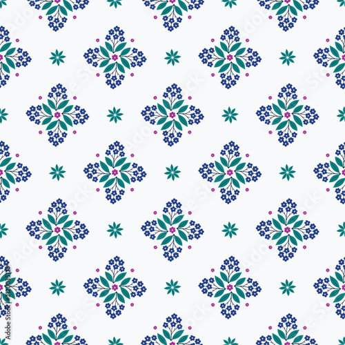 Floral seamless pattern with blue flowers. Decorative botanical print for textile design.