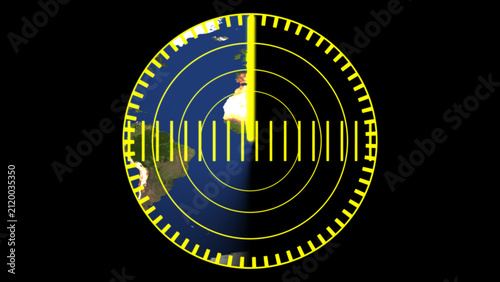 Konstfotografi Radar screen indices rotate yellow sonar coordinate blips across custom Earth geography vectors