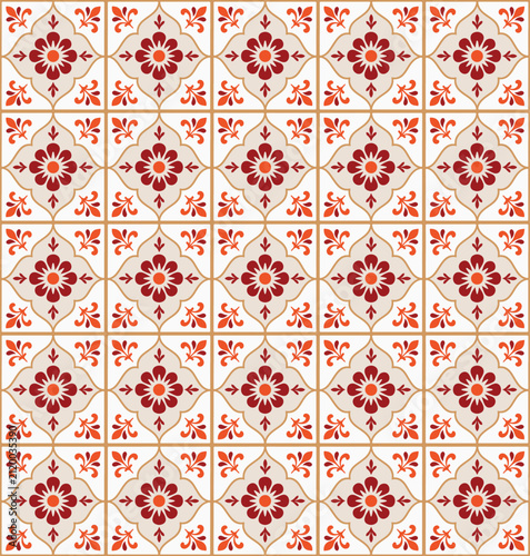 Seamless floral tile pattern. Decorative vintage ornament with geometric flower motifs.