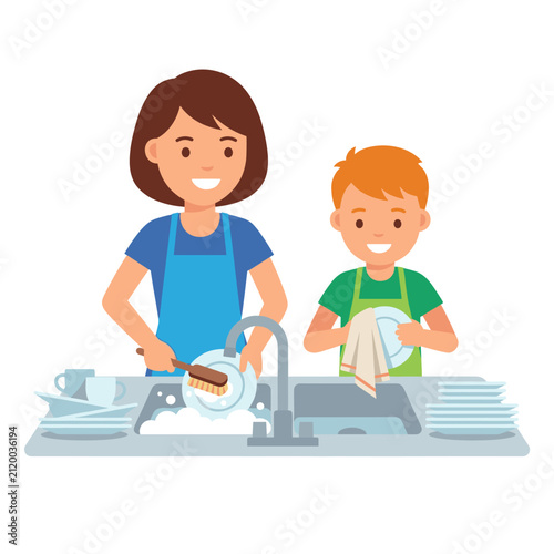 Mother and son washing dishes together vector illustration