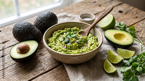 Fresh guacamole in a ceramic bowl with avocados and lime slices. Healthy snack preparation for nutritious eating.