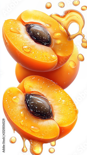 Bright orange apricots with glistening dew drops and luscious dripping honey. Juicy rich fruit, fresh and sweet food.