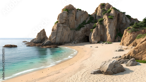 Natural rock formation along sandy beach under bright daylight on transparent background png