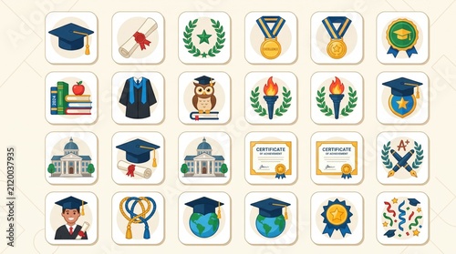 Education Icons: A collection of stylized icons representing graduation, academic achievement, and educational symbols, including mortarboards, diplomas, medals, and books, presented in a clean.