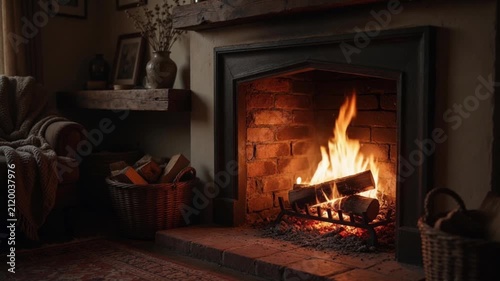 Cozy fireplace burning with warm flames in a rustic living room interior