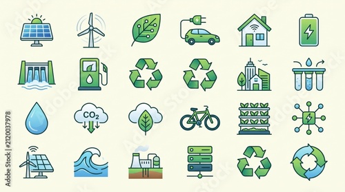 Sustainable Eco-Friendly Icons Set: A vibrant collection of vector icons representing renewable energy, recycling, and environmental conservation, ideal for eco-conscious projects.