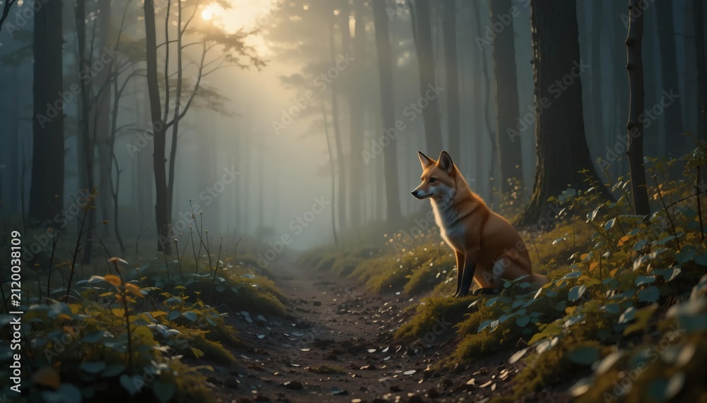 Fototapeta premium Fox in Misty Forest at Dawn