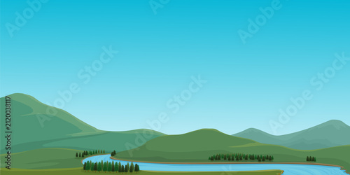 a natural landscape passing through a long and wide river lined with pine trees on its banks
