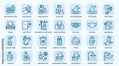 Hygiene Essentials Collection: A comprehensive set of blue-outlined icons representing various hygiene and sanitation products and practices, including soap, handwashing, hand sanitizer, masks.