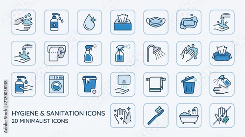 Hygiene and Sanitation Icons: A collection of 20 minimalist icons representing various aspects of hygiene and sanitation, including handwashing, soap, masks, and cleaning supplies.