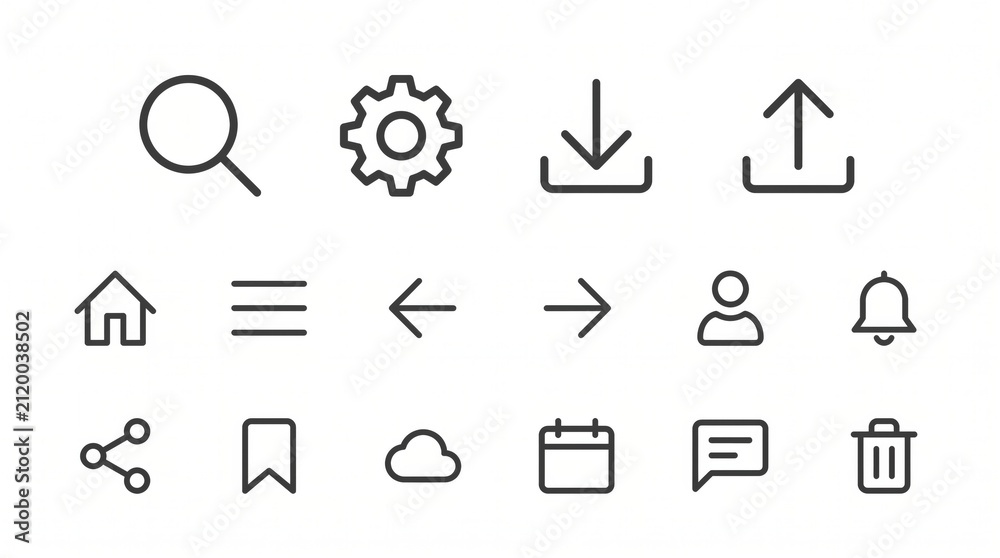 Fototapeta premium A collection of minimalist outline user interface icons for web and mobile applications, including search, settings, home, download, upload, and navigation symbols.