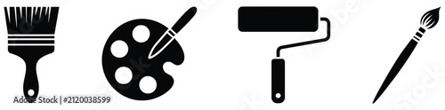 Paint icon representing paint brush, paint roller and art tools for creative work, decoration, renovation and design projects vector, design