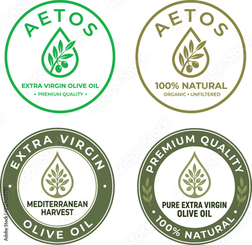 Set of four premium quality extra virgin olive oil circular logo labels for food packaging design