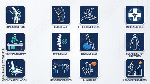 A collection of twelve icons representing various aspects of physical therapy, rehabilitation, and orthopedic health, including bone structure, knee braces, stretching, spine health, and recovery.