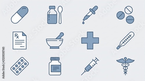 Collection of medical and pharmaceutical icons in a simple line art style, depicting various healthcare tools and symbols on a light background.