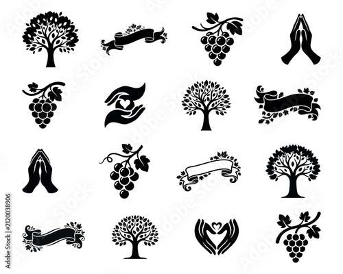 Tree Grape Ribbon Prayer Hands Vector Icons Black Silhouette Set