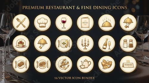 Premium restaurant and fine dining vector icons bundle featuring various culinary and service elements in an elegant golden style.