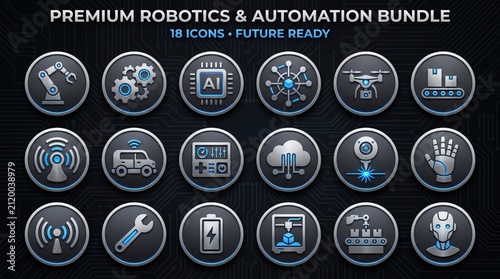 A collection of premium robotics and automation icons featuring AI, drones, smart factories, and future technology concepts.