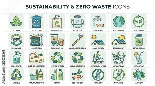 A comprehensive collection of sustainability and zero waste icons illustrating eco-friendly practices and environmental conservation efforts.