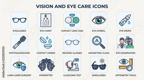 A comprehensive set of flat design icons representing various aspects of vision and eye care, including tools, procedures, and accessories.