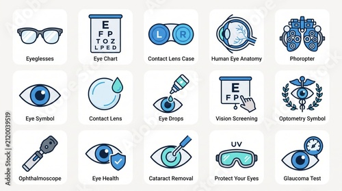 A collection of blue and white icons representing various aspects of eye care, vision health, and ophthalmology, including tools, treatments, and symbols.