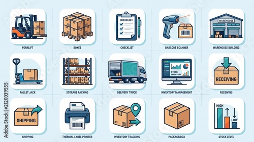 A comprehensive set of logistics and warehouse management icons illustrating various aspects of supply chain operations and inventory control.