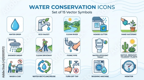 A set of 15 vector icons illustrating various methods and practices for water conservation and efficient water usage in daily life and environmental protection.