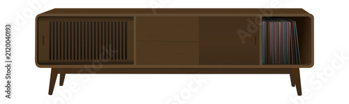 Mid century modern wooden sideboard cabinet with sliding doors, drawers and vinyl record storage. Stylish retro furniture isolated on white background. Flat vector illustration.