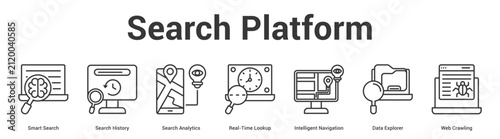 Search Platform web banner icon set vector illustration concept for business with icon of Smart Search, Search History, Search Analytics, Real-Time Lookup, Intelligent Navigation, Data Explor.