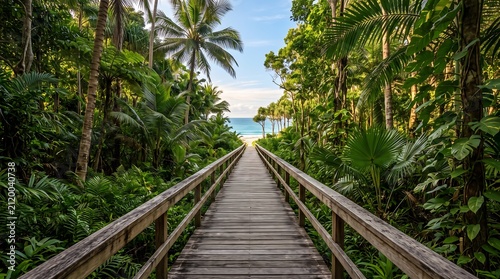 Wooden boardwalk through lush tropical forest. Scenic nature pathway for eco tourism and outdoor adventures.