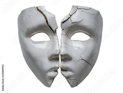 White Theatrical Face Mask Cracked Cleanly in Half Isolated on White Background