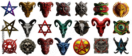 Set of colorful satanic and occult symbols with skulls and pentagrams