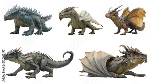 Realistic dragon creature set isolated on transparent background