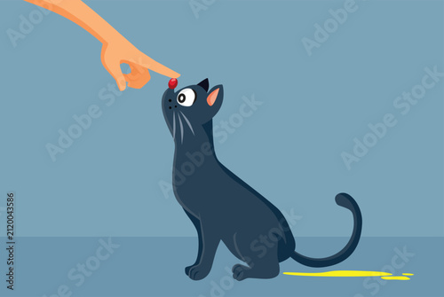 Angry Pet Owner Scolding Cat For Peeing On Carpet Illustration. Unhappy person strictly scolds a guilty kitty  for peeing directly onto the living room carpet 