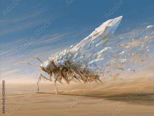 Desert mirage forming giant mechanical insect made of salt crystals, partially dissolving into wind, glowing core, anime sci-fi fantasy blend style. 