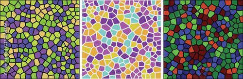 Set of three colorful mosaic patterns with abstract geometric cell shapes in vibrant and bright color palettes
