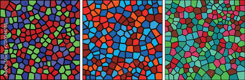 Set of three colorful stained glass pattern backgrounds with geometric mosaic shapes and vibrant multicolor textures