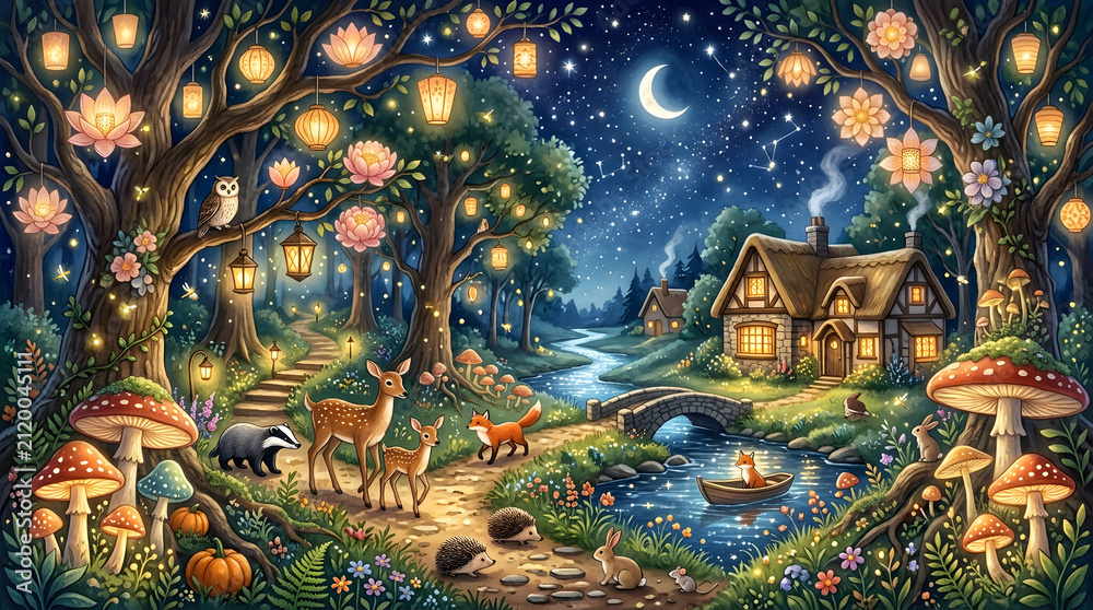 Obraz premium Magical moonlit forest with glowing lanterns. Enchanted woodland scene with cozy cottage.