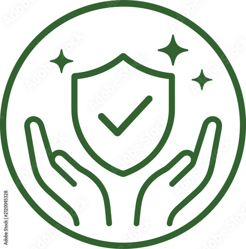 Safe and hygienic protection icon with hands holding a shield, representing health and safety.