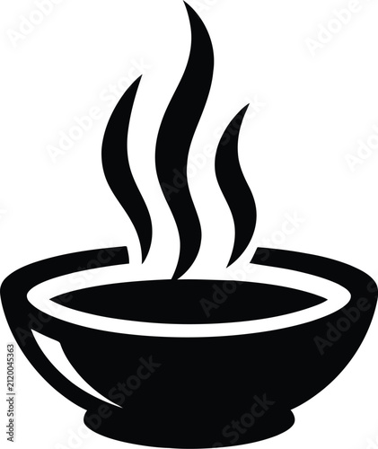 Black silhouette vector icon of a steaming hot bowl of soup or coffee for menu design element