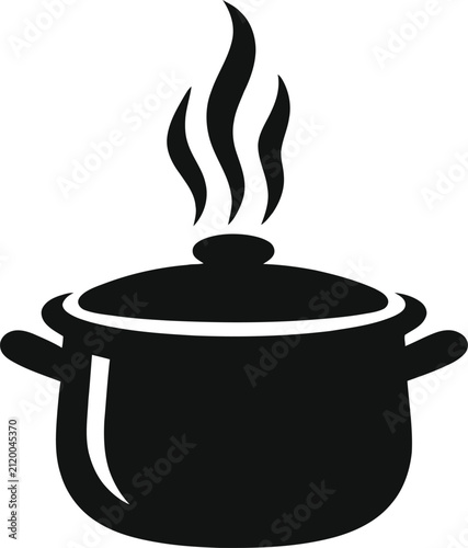Cooking pot icon with steam rising, representing fresh food, kitchen, and culinary preparation.