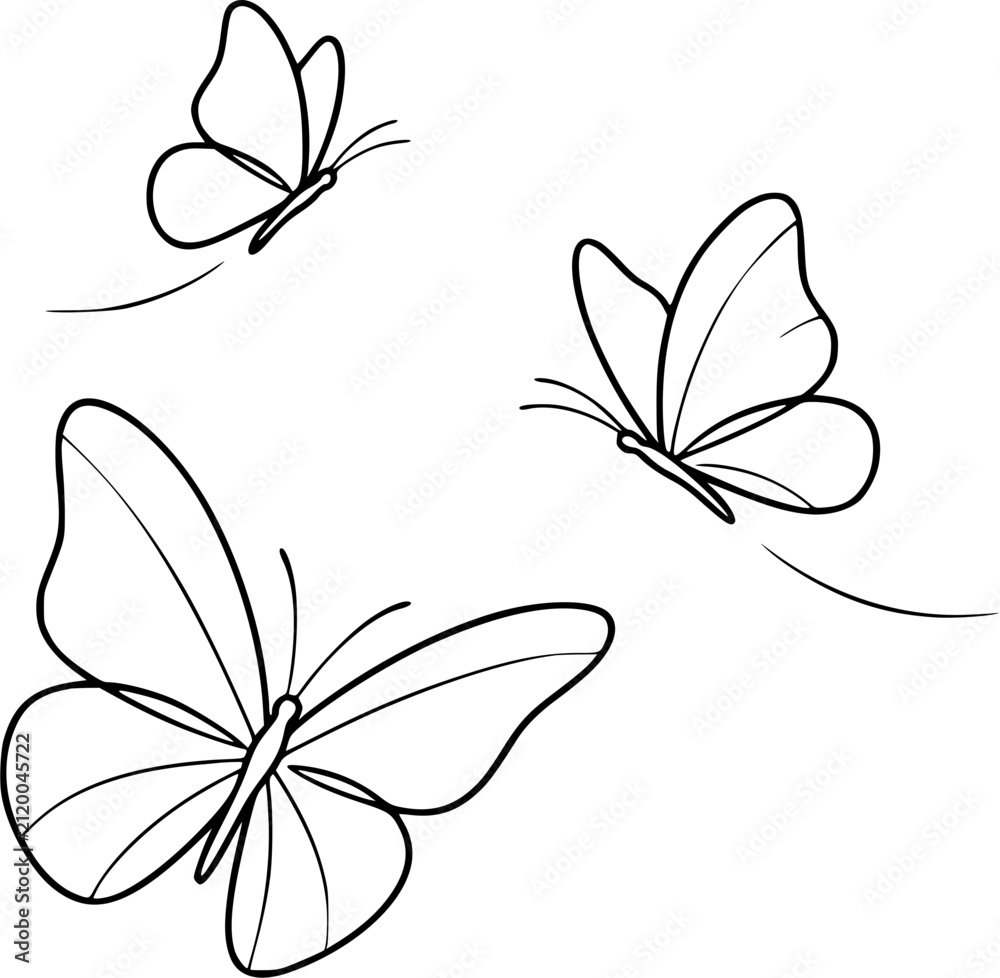 Fototapeta premium Three Butterflies Flying Scattered Fine Line Tattoo SVG Vector Illustration